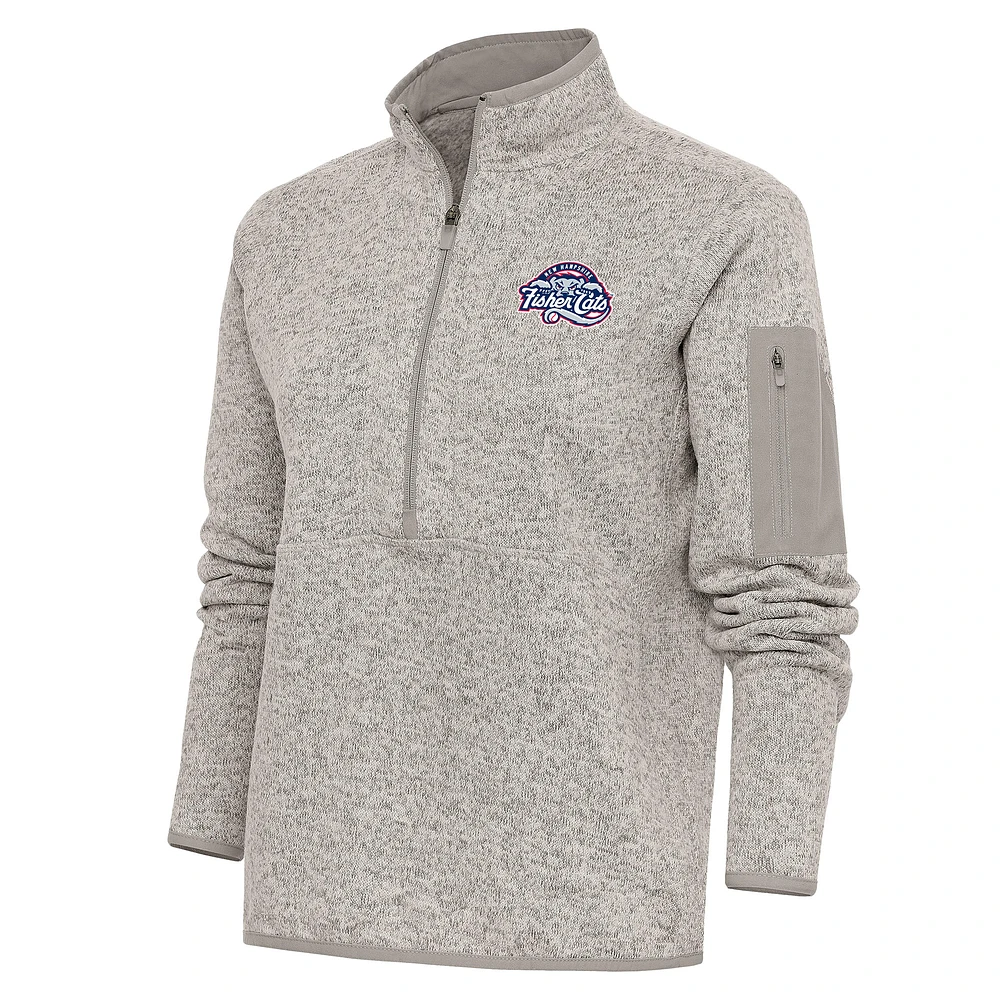 Women's Antigua Oatmeal New Hampshire Fisher Cats Fortune Half-Zip Pullover Jacket