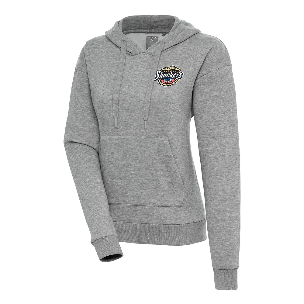 Women's Antigua Heather Gray Biloxi Shuckers Victory Pullover Hoodie