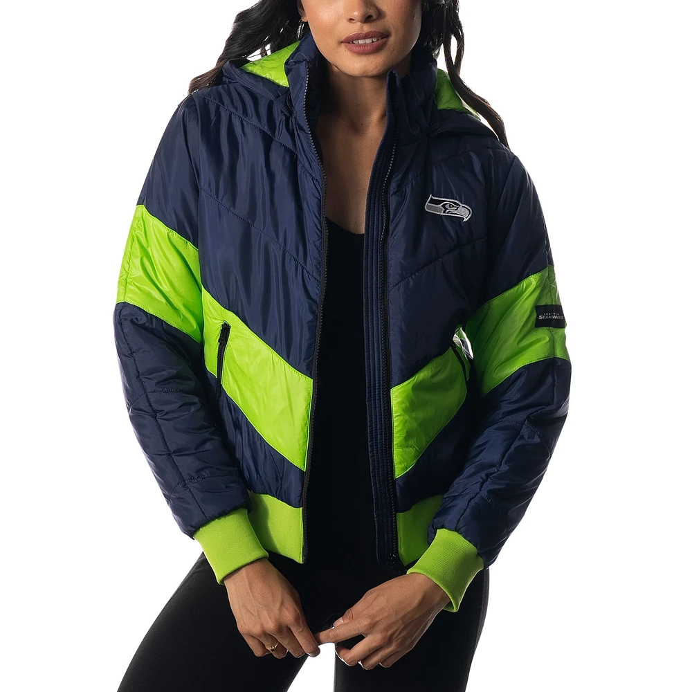 Women's The Wild Collective College Navy Seattle Seahawks Puffer Full-Zip Hoodie