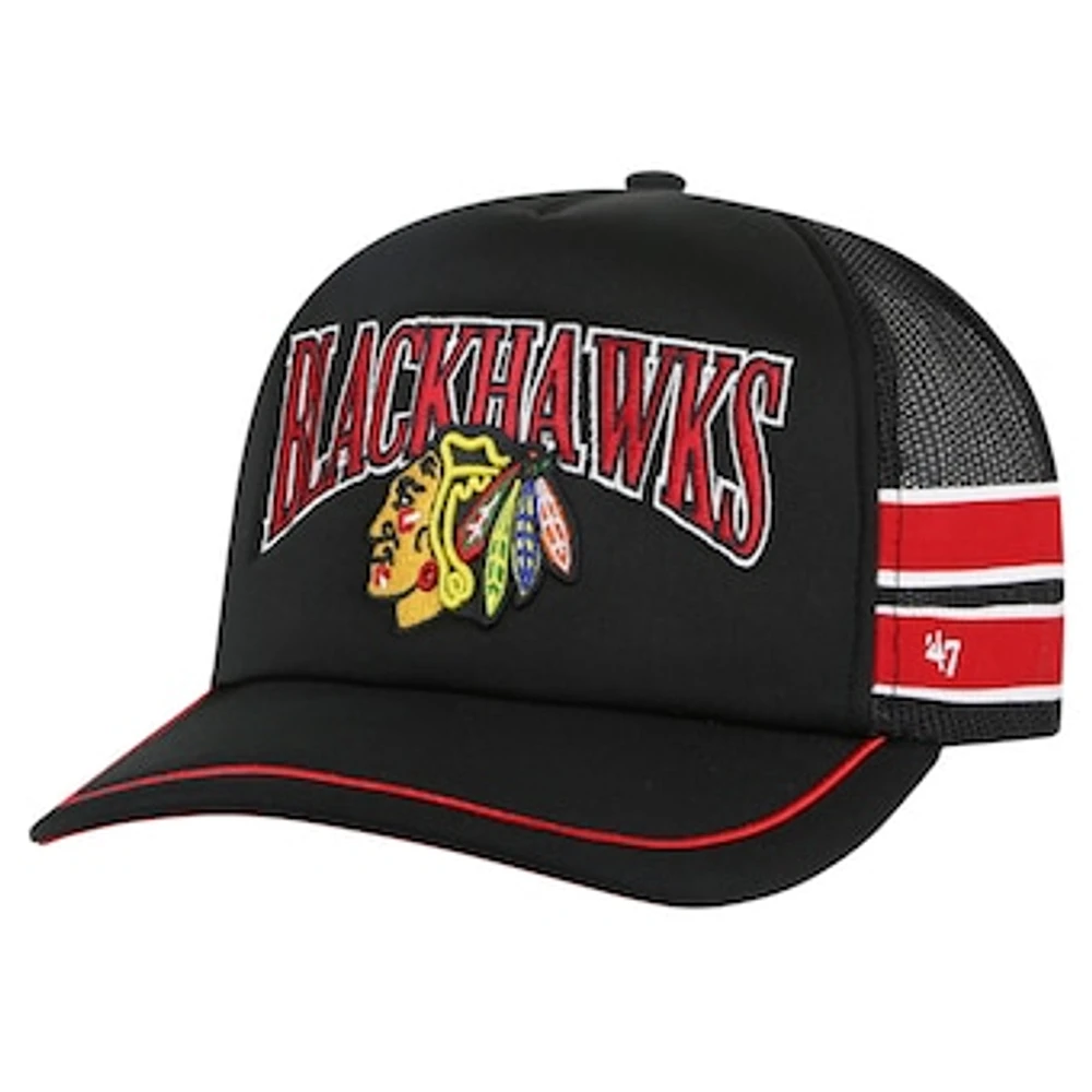 Men's '47 Black Chicago Blackhawks Sideband Stripes Trucker Snapback Hat