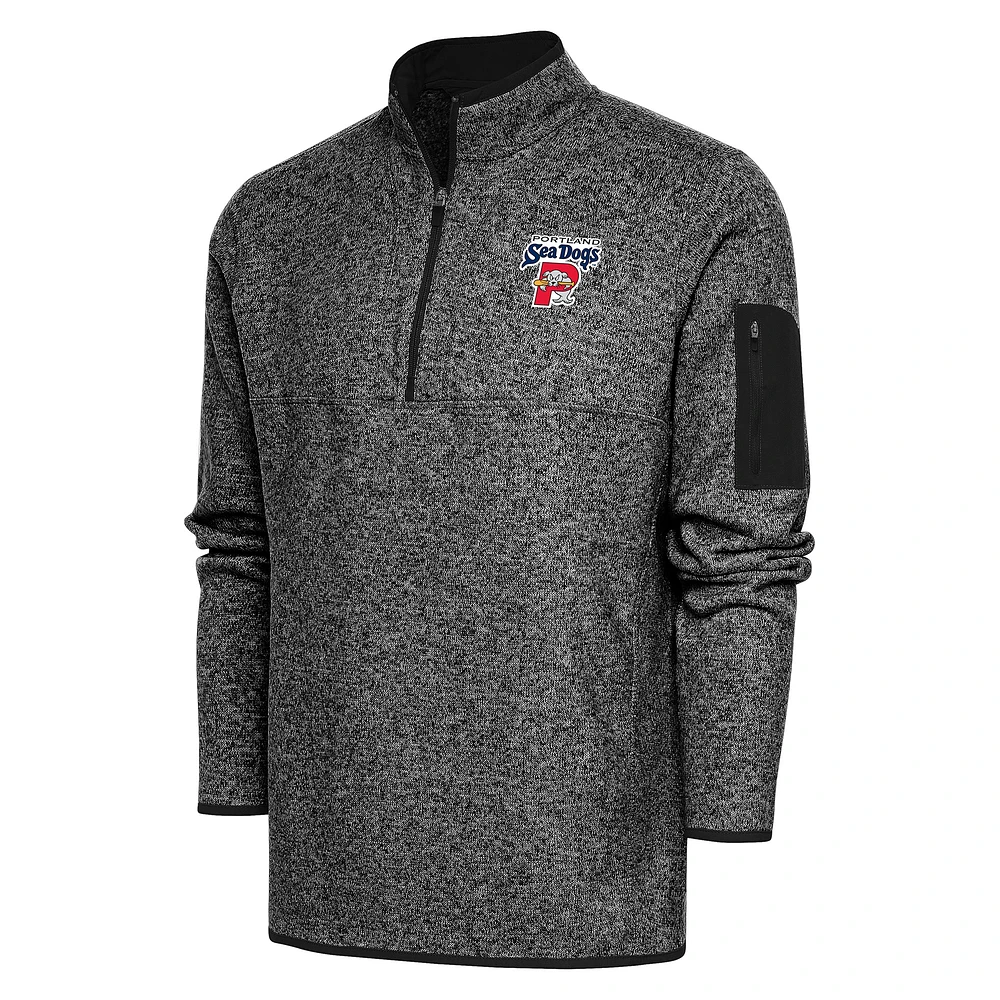 Men's Antigua Heather Black Portland Sea Dogs Fortune Quarter-Zip Pullover Jacket