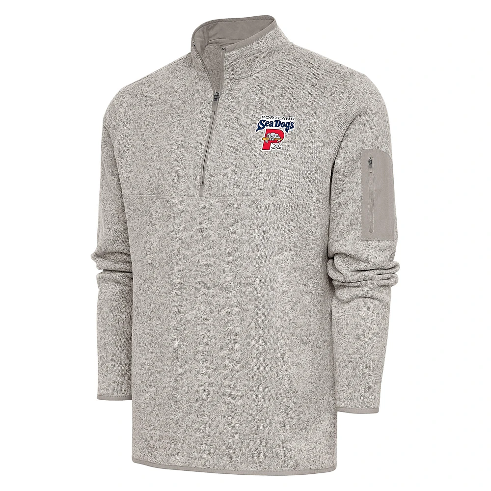 Men's Antigua Oatmeal Portland Sea Dogs Fortune Quarter-Zip Pullover Jacket