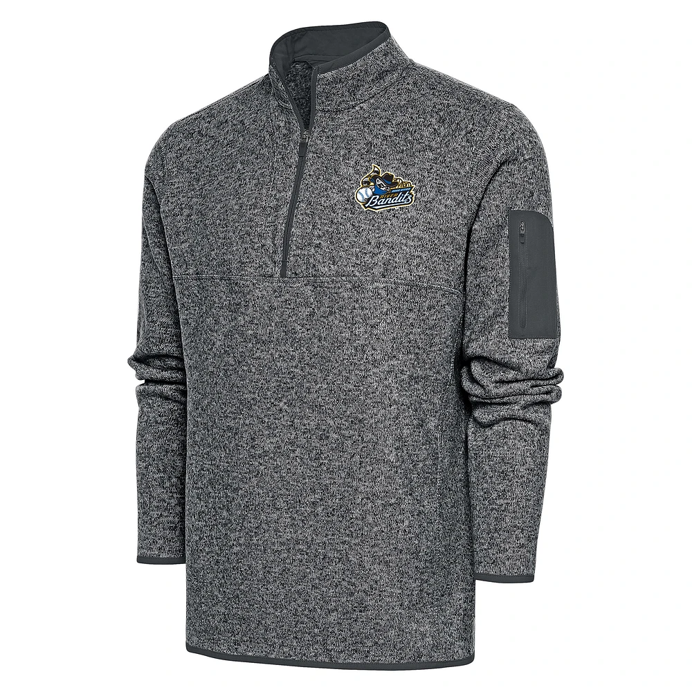 Men's Antigua Heather Charcoal Quad Cities River Bandits Fortune Quarter-Zip Pullover Jacket