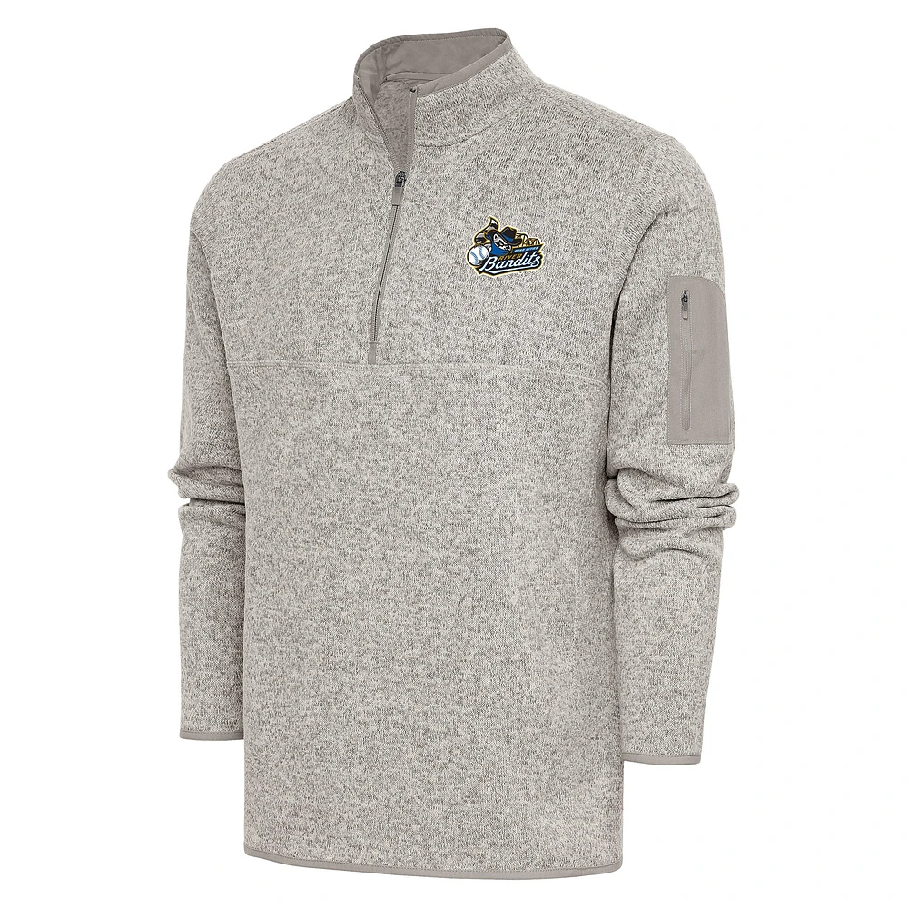 Men's Antigua Oatmeal Quad Cities River Bandits Fortune Quarter-Zip Pullover Jacket