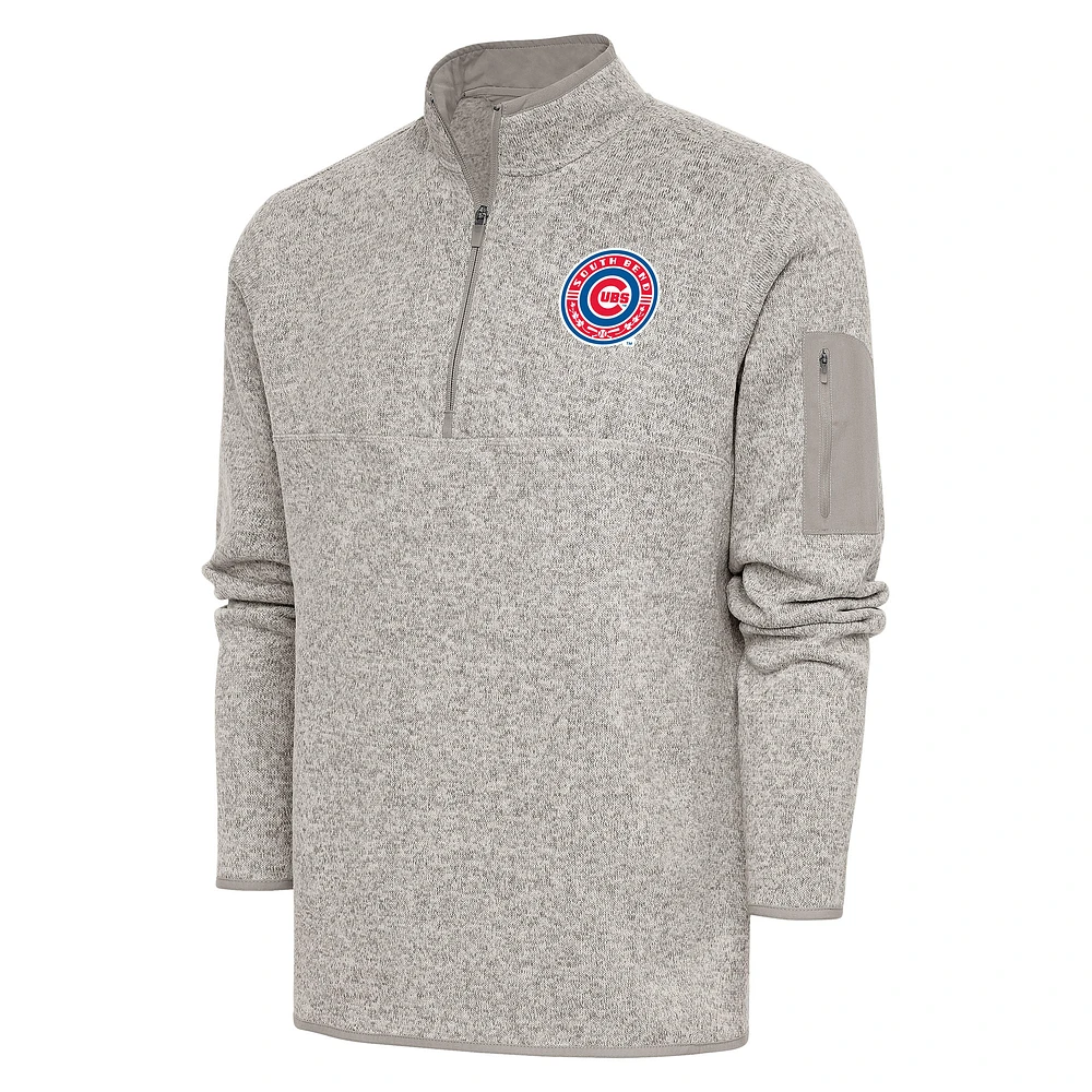 Men's Antigua Oatmeal South Bend Cubs Fortune Quarter-Zip Pullover Jacket
