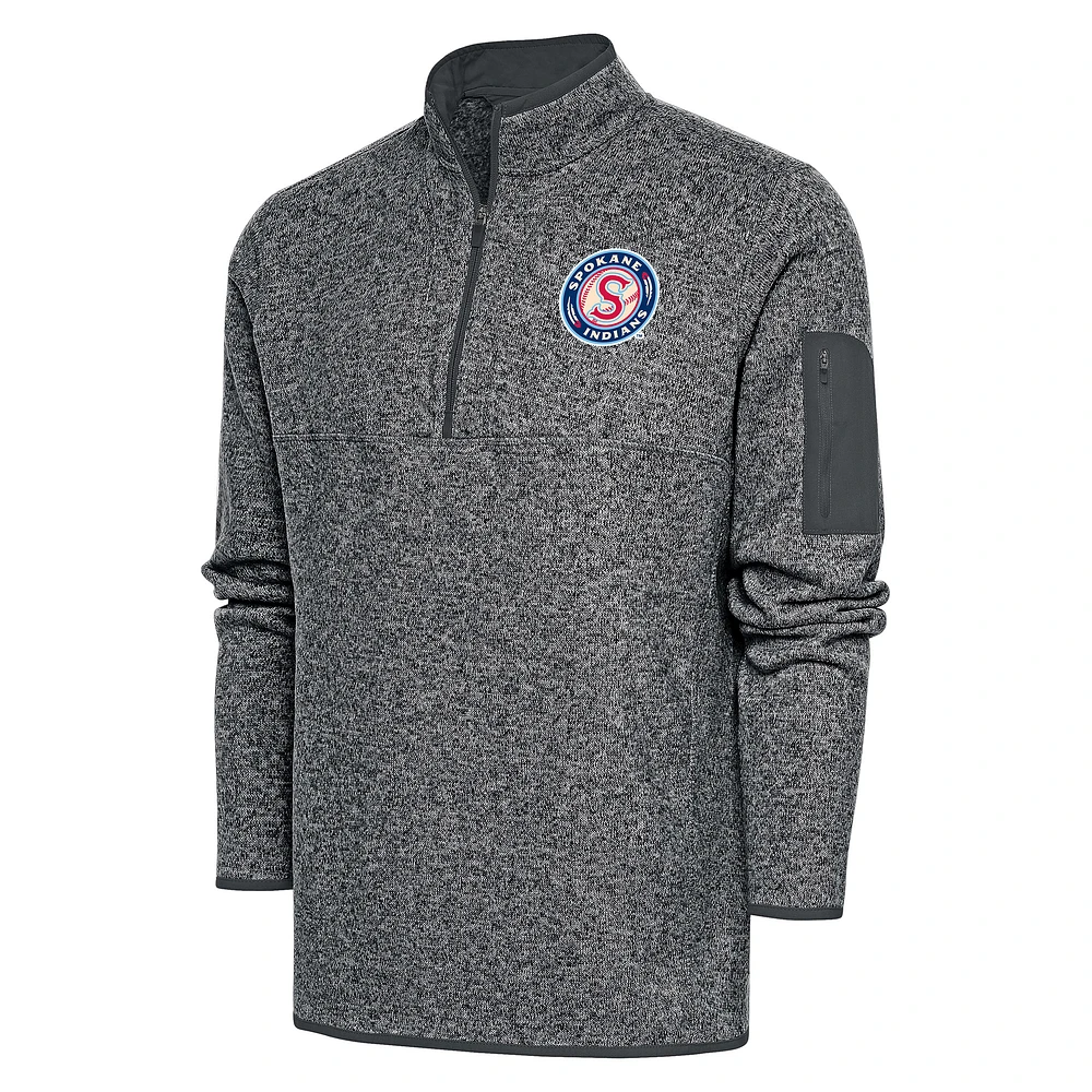 Men's Antigua Heather Charcoal Spokane Indians Fortune Quarter-Zip Pullover Jacket
