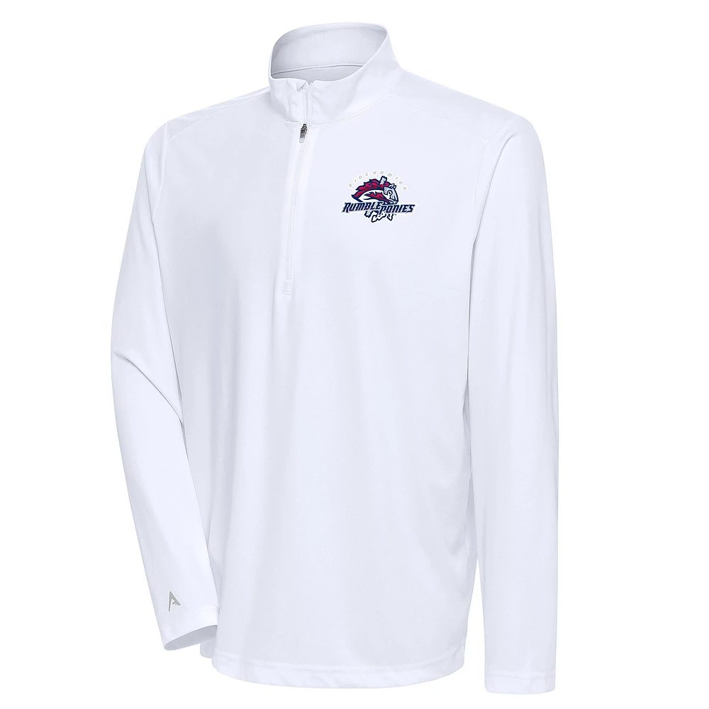 Men's Antigua White Binghamton Rumble Ponies Tribute Quarter-Zip Pullover Top