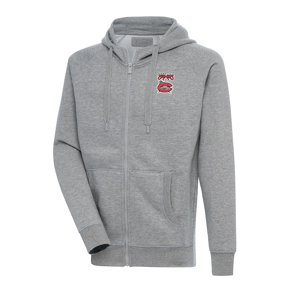 Men's Antigua Heather Gray Carolina Mudcats Victory Full-Zip Hoodie