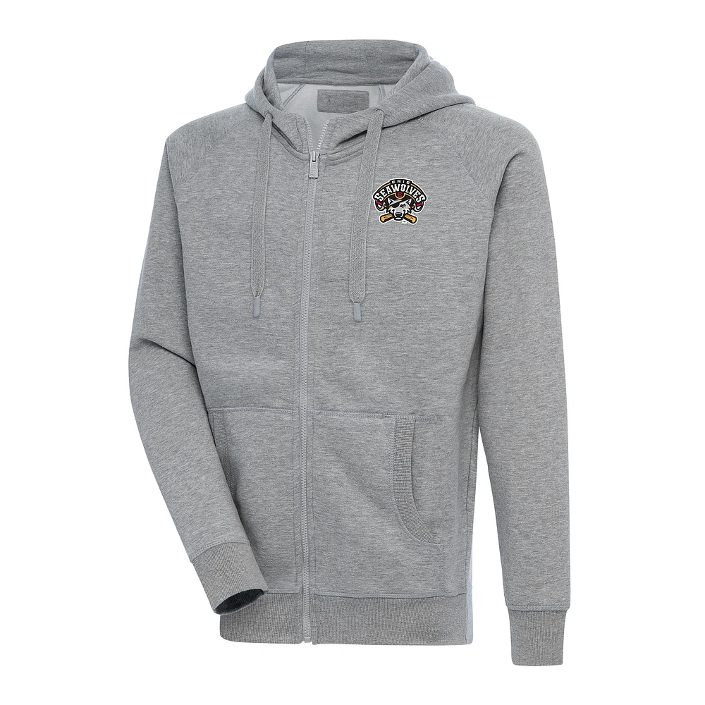 Men's Antigua Heather Gray Erie SeaWolves Victory Full-Zip Hoodie