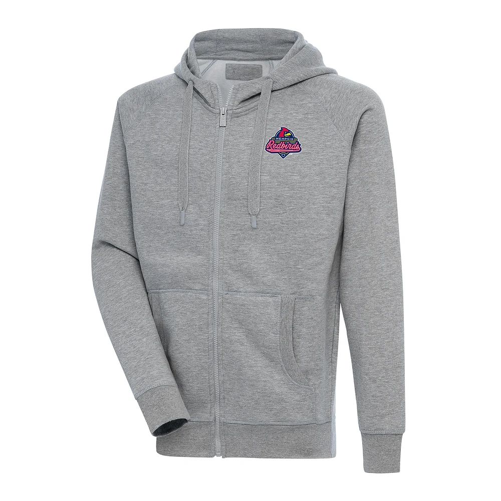 Men's Antigua Heather Gray Memphis Redbirds Victory Full-Zip Hoodie