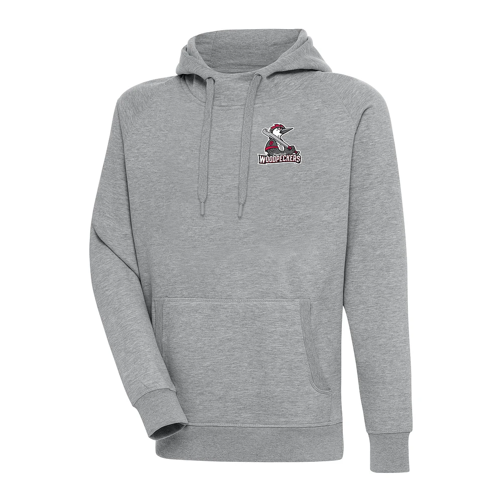 Men's Antigua Heather Gray Fayetteville Woodpeckers Victory Pullover Hoodie