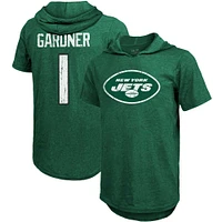 Men's Majestic Threads Ahmad Sauce Gardner Heather Green New York Jets Player Name & Number Tri-Blend Hoodie T-Shirt