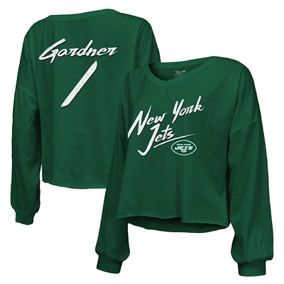 Women's Majestic Threads Sauce Gardner Green New York Jets Name & Number Off-Shoulder Script Cropped Long Sleeve V-Neck T-Shirt