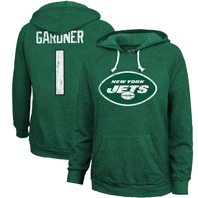 Women's Majestic Threads Ahmad Sauce Gardner  Heather Green New York Jets Name & Number Tri-Blend Pullover Hoodie
