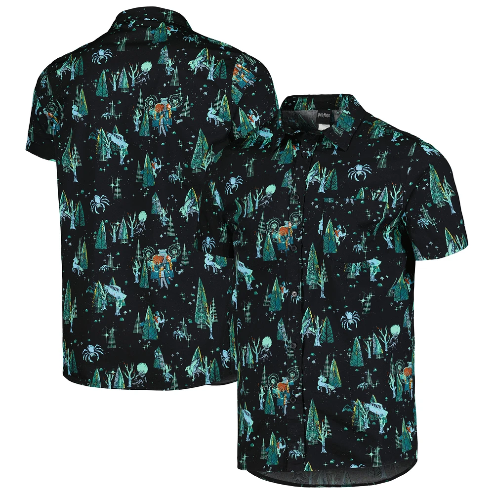 Men's Black Harry Potter Forbidden Forest Pattern Button-Up Shirt