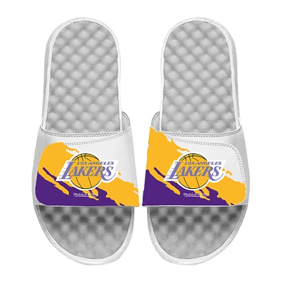 Men's ISlide x Mitchell & Ness  White Los Angeles Lakers Paint Stripe Slide Sandals