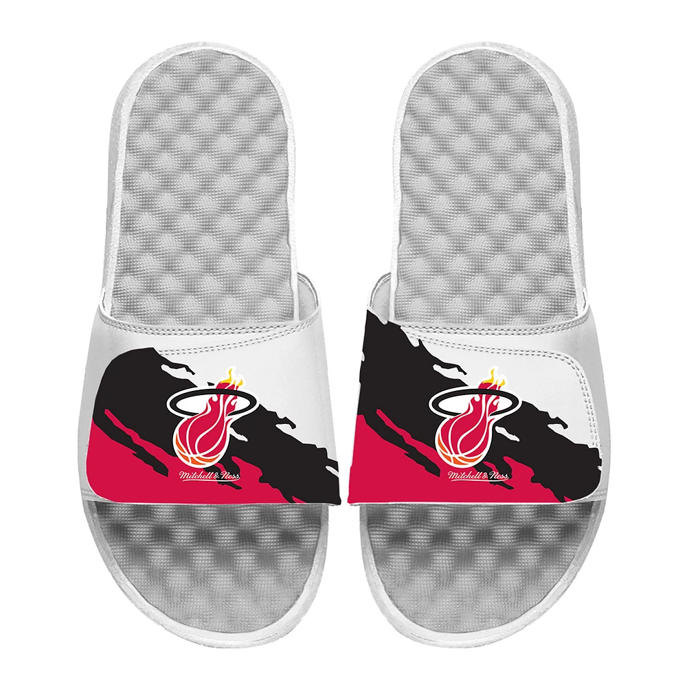 Men's ISlide x Mitchell & Ness White Miami Heat Paint Stripe Slide Sandals