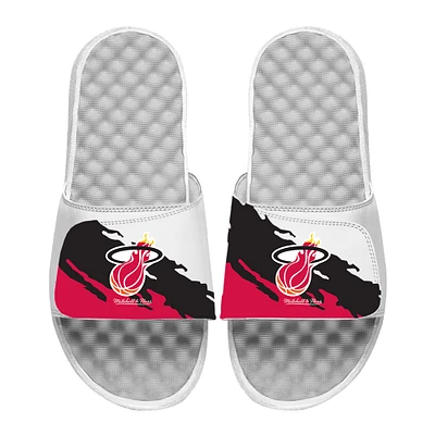 Men's ISlide x Mitchell & Ness  White Miami Heat Paint Stripe Slide Sandals