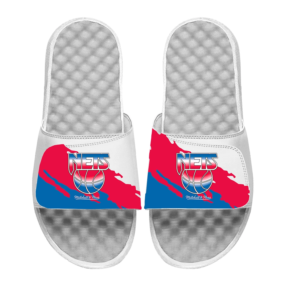 Men's ISlide x Mitchell & Ness White Brooklyn Nets Paint Stripe Slide Sandals