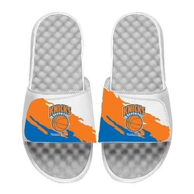 Men's ISlide x Mitchell & Ness  White New York Knicks Paint Stripe Slide Sandals