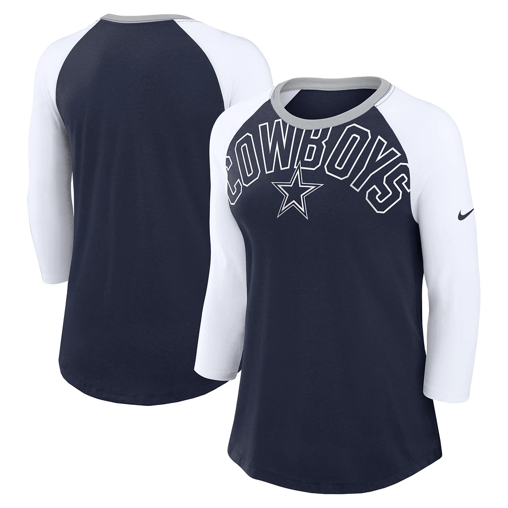 Women's Nike Navy/White Dallas Cowboys Knockout Arch Raglan Tri-Blend 3/4-Sleeve T-Shirt