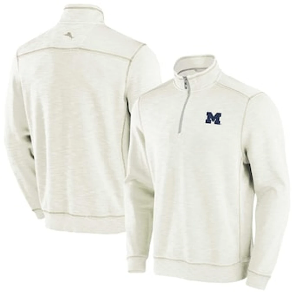 Men's Tommy Bahama Cream Michigan Wolverines Tobago Bay Half-Zip Tri-Blend Top