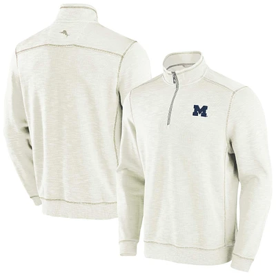 Men's Tommy Bahama Cream Michigan Wolverines Tobago Bay Half-Zip Tri-Blend Top