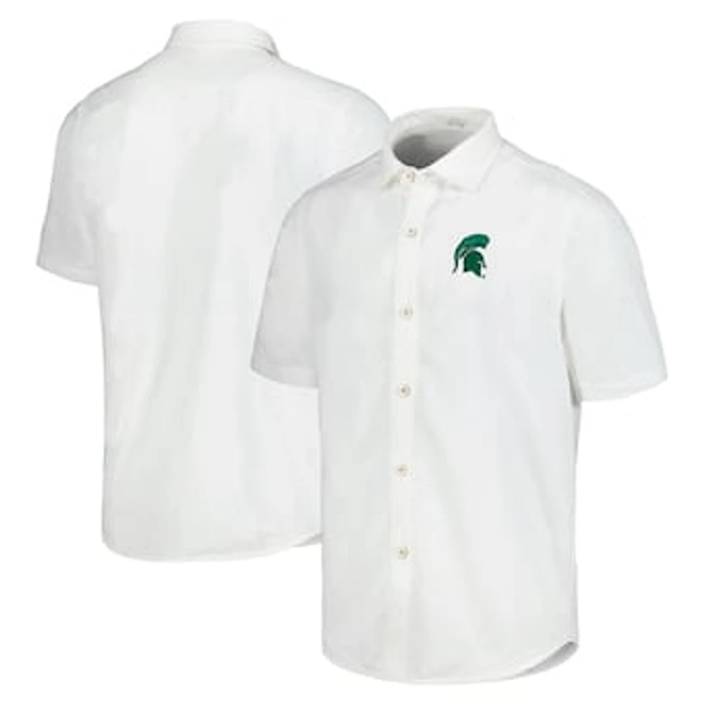 Men's Tommy Bahama White Michigan State Spartans Coconut Point Palm Vista IslandZone Camp Button-Up Shirt