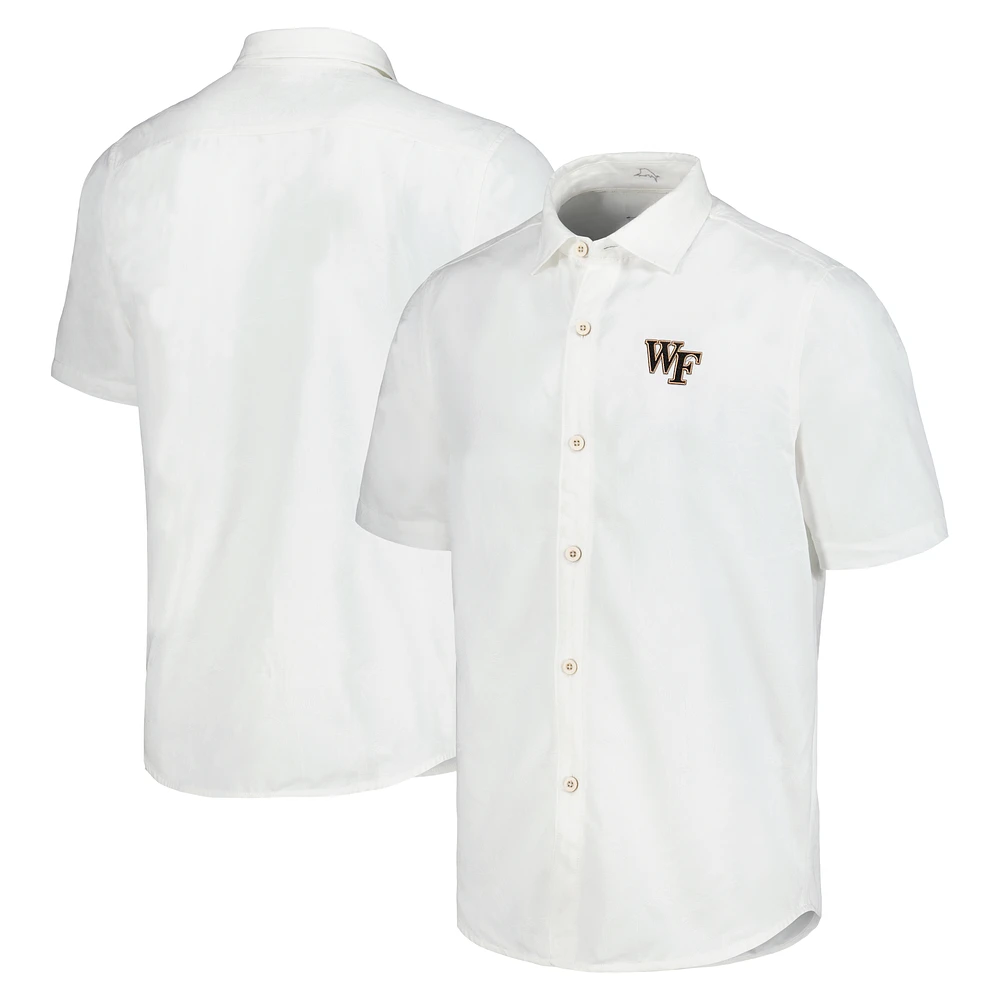 Men's Tommy Bahama White Wake Forest Demon Deacons Coconut Point Palm Vista IslandZone Camp Button-Up Shirt