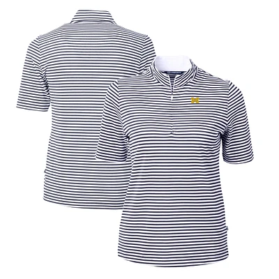 Women's Cutter & Buck  Navy Michigan Wolverines DryTec Virtue Eco Pique Stripe Recycled Polo