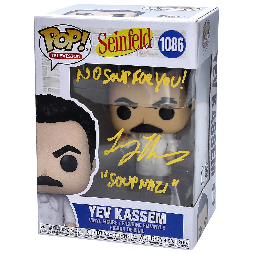 Larry Thomas Seinfeld Autographed Yev Kassem #1086 Yellow Funko Pop! with "No Soup for You" and "Soup Nazi" Inscriptions - BAS