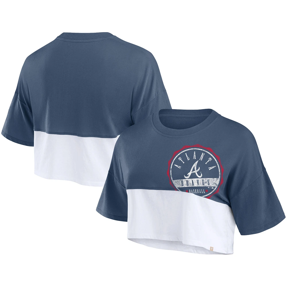 Women's Fanatics Navy/White Atlanta Braves Color Split Boxy Cropped T-Shirt