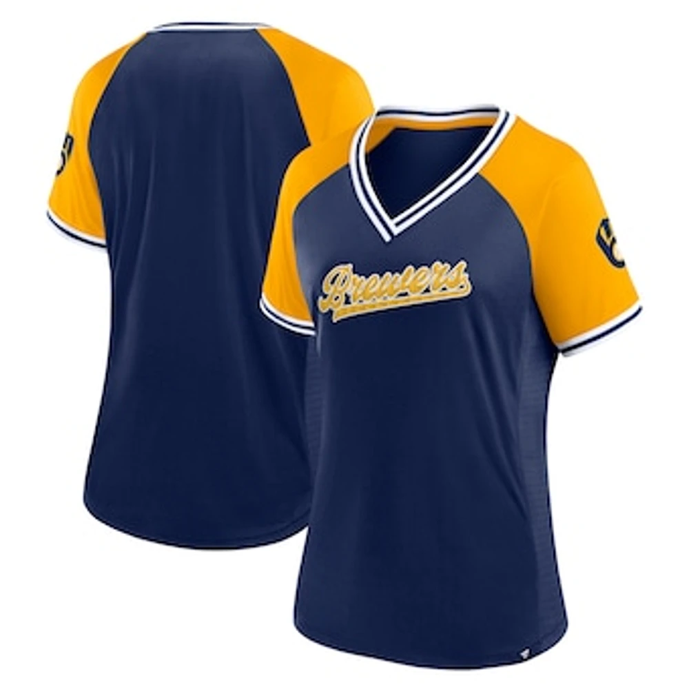 Women's Fanatics Navy Milwaukee Brewers Glitz & Glam League Diva Raglan V-Neck T-Shirt