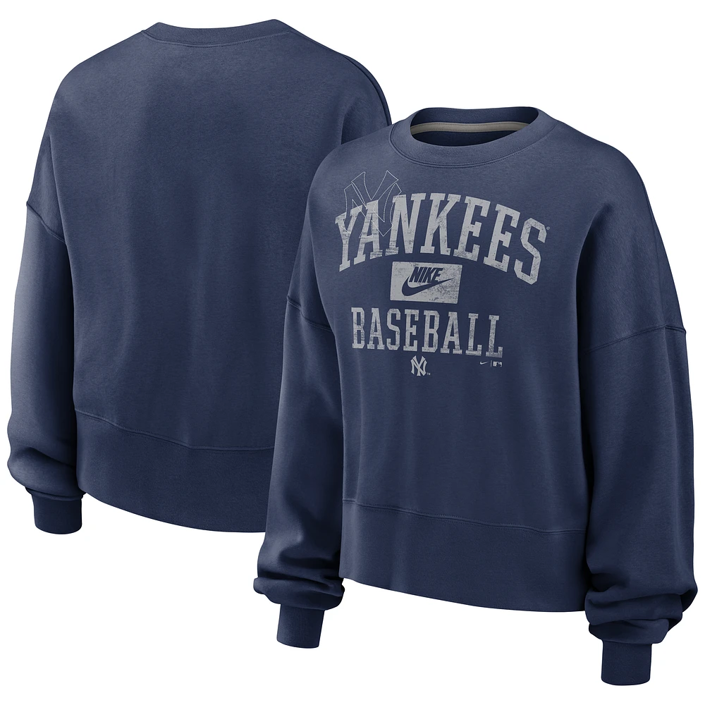 Women's Nike Navy New York Yankees Cooperstown Collection Arch Oversized Cropped Pullover Sweatshirt