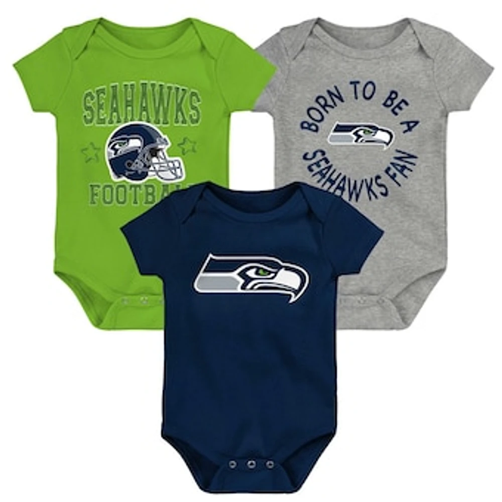 Newborn & Infant College Navy/Neon Green/Heather Gray Seattle Seahawks Game On Three-Piece Bodysuit Set