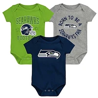 Newborn & Infant College Navy/Neon Green/Heather Gray Seattle Seahawks Game On Three-Piece Bodysuit Set