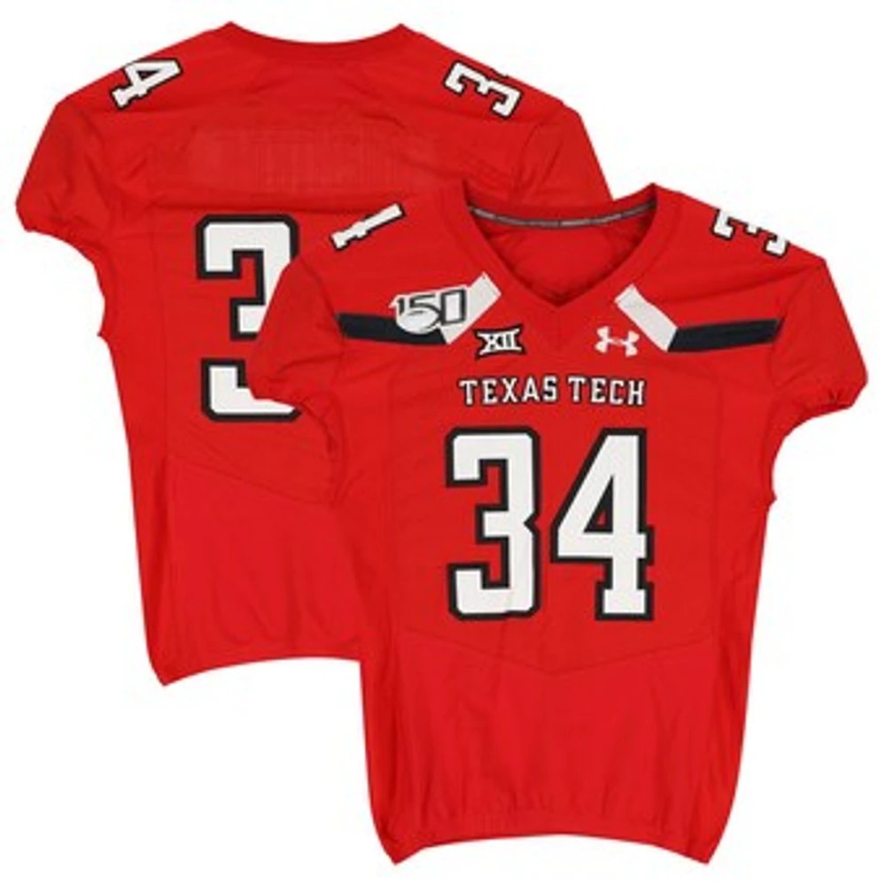 Texas Tech Red Raiders Team-Issued #34 Red Jersey with 150 Patch from the 2019 NCAA Football Season