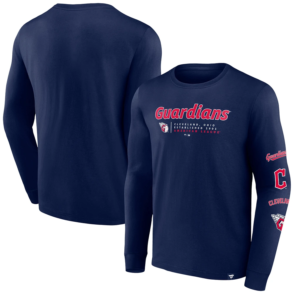 Men's Fanatics Navy Cleveland Guardians Strike the Goal Long Sleeve T-Shirt