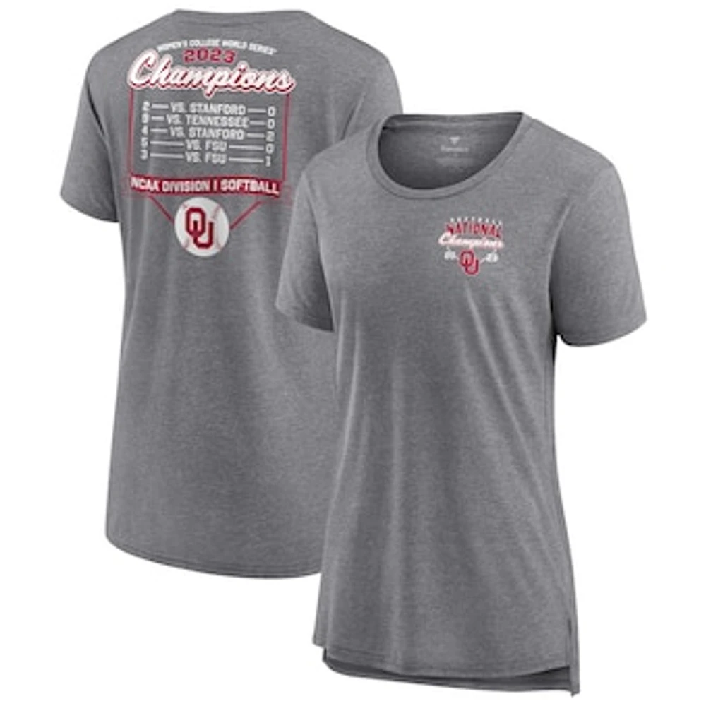 Women's Fanatics Heather Gray Oklahoma Sooners 2023 NCAA Softball Women's College World Series Champions Tri-Blend Schedule T-Shirt