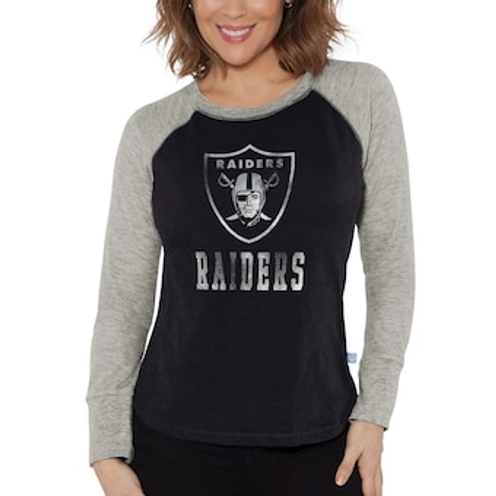 Women's G-III 4Her by Carl Banks Black/Heather Gray Las Vegas Raiders Waffle Knit Raglan Long Sleeve T-Shirt