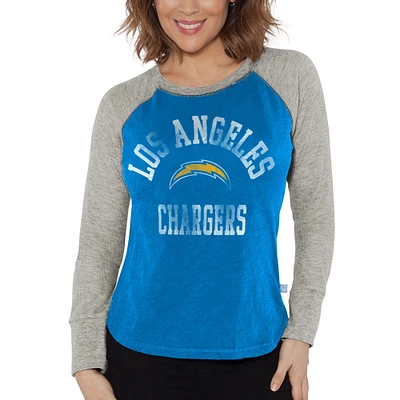 Women's G-III 4Her by Carl Banks Powder Blue/Heather Gray Los Angeles Chargers Waffle Knit Raglan Long Sleeve T-Shirt