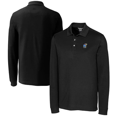 Men's Cutter & Buck  Black Kansas Jayhawks Alumni Logo Advantage Tri-Blend Pique Long Sleeve DryTec Polo