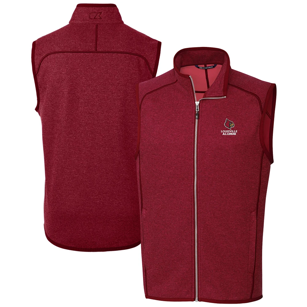 Men's Cutter & Buck Heather Red Louisville Cardinals Alumni Logo Mainsail Sweater Knit Fleece Full-Zip Vest
