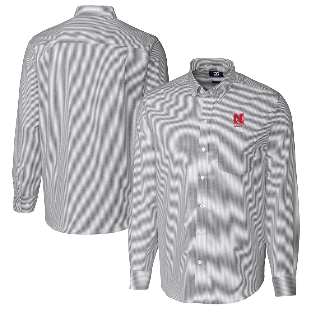 Men's Cutter & Buck Charcoal Nebraska Huskers Alumni Logo Stretch Oxford Stripe Long Sleeve Button-Down Shirt