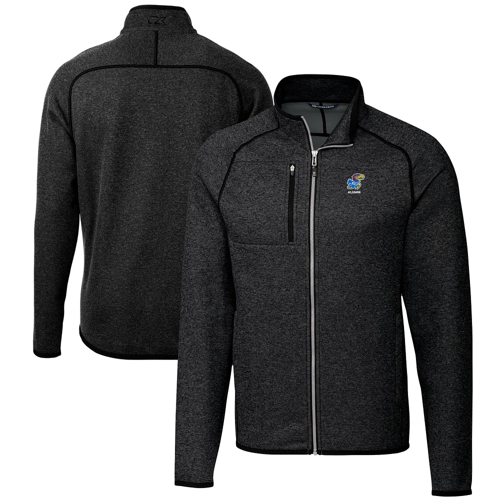 Men's Cutter & Buck Heather Charcoal Kansas Jayhawks Alumni Logo Mainsail Sweater-Knit Full-Zip Jacket