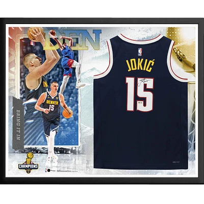 Nikola Jokic Denver Nuggets Autographed 2023 NBA Finals Champions Framed Navy Nike Icon Edition Swingman Jersey Collage