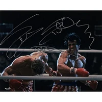 Sylvester Stallone & Dolph Lundgren Rocky IV Autographed 16" x 20" Punching Drago Photograph