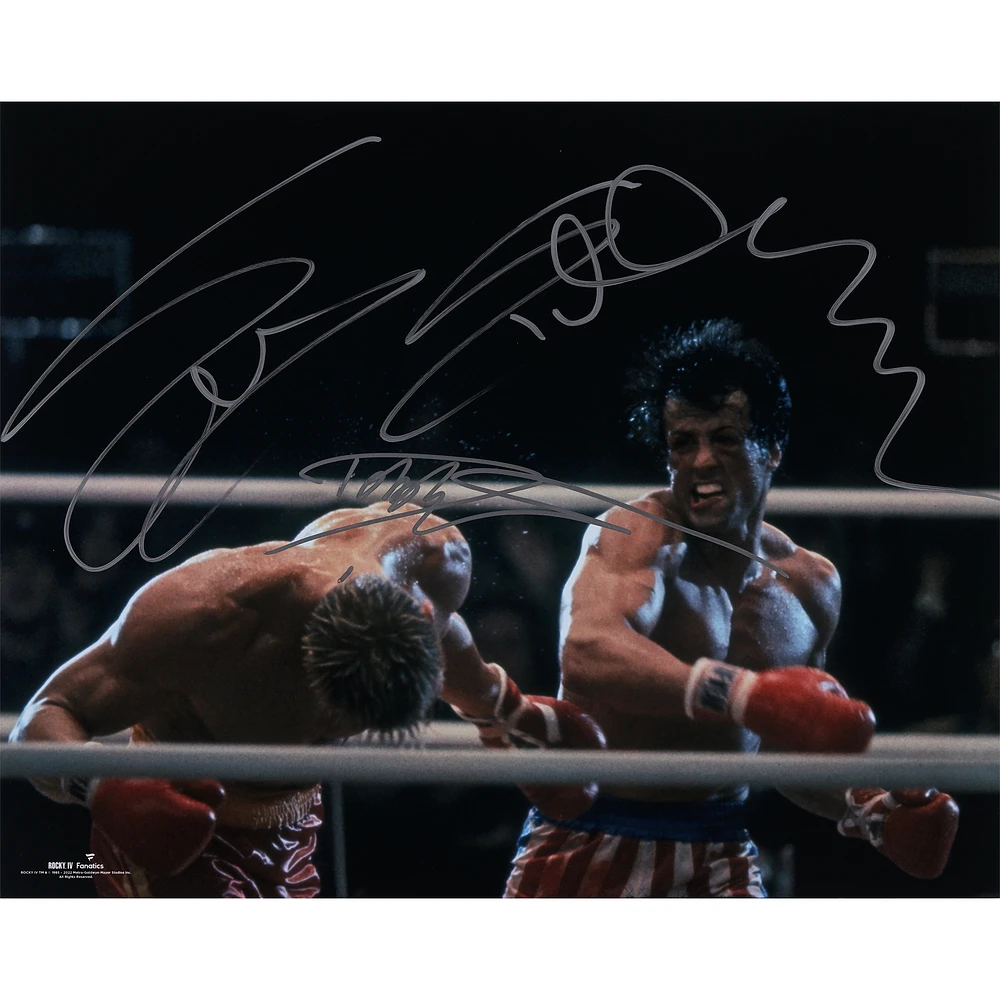 Sylvester Stallone & Dolph Lundgren Rocky IV Autographed 16" x 20" Punching Drago Photograph