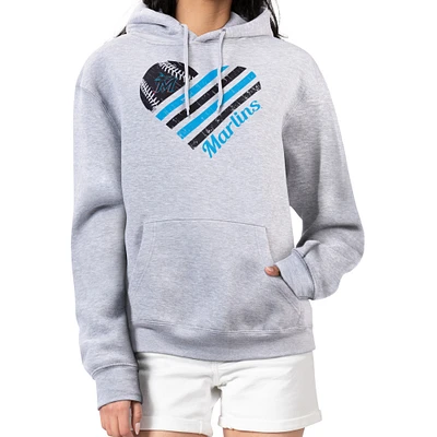 Women's G-III 4Her by Carl Banks  Heather Gray Miami Marlins Heart Fleece Pullover Hoodie
