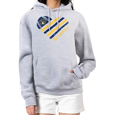 Women's G-III 4Her by Carl Banks  Heather Gray Milwaukee Brewers Heart Fleece Pullover Hoodie
